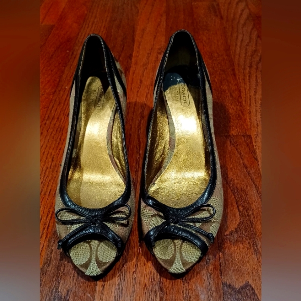 Coach peep toe monogrammed brown wedges